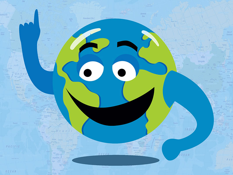 Cartoon of planet earth with a smiling face and arms