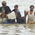 A group of people escaping the flood