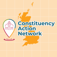 Constituency Action Network logo on a simplified map of Great Britain