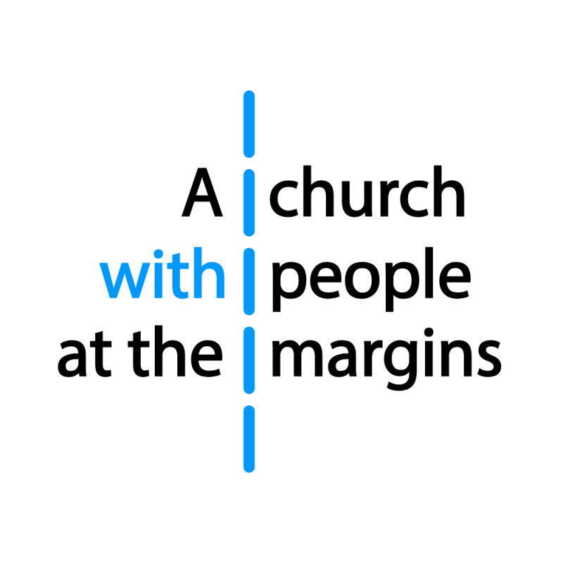 A church with people at the margins